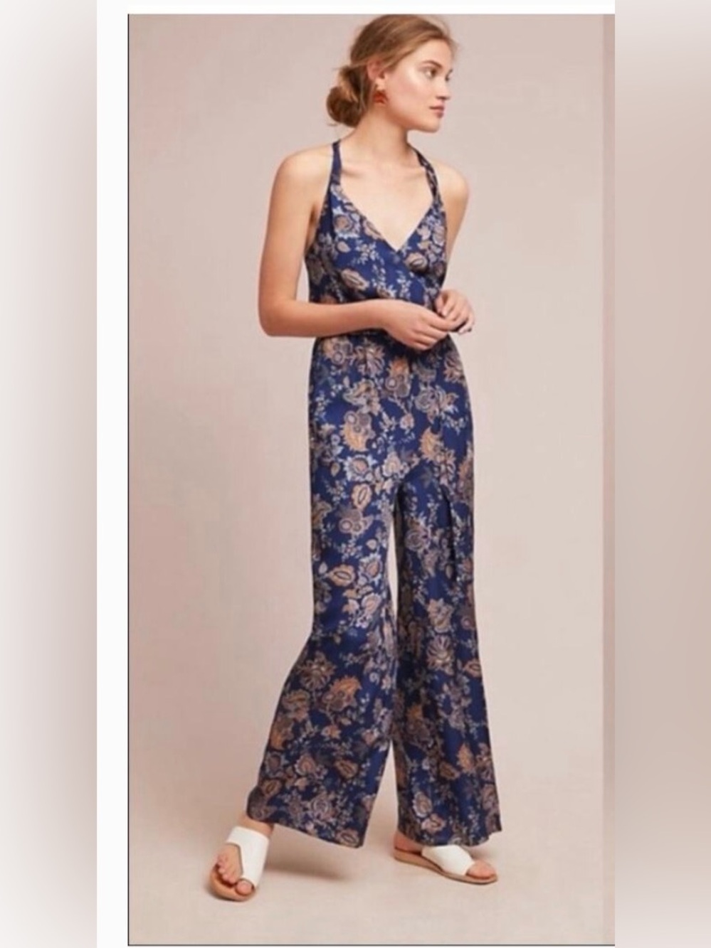 Anthropologie Navy Floral Print Jumpsuit with Tan Accents